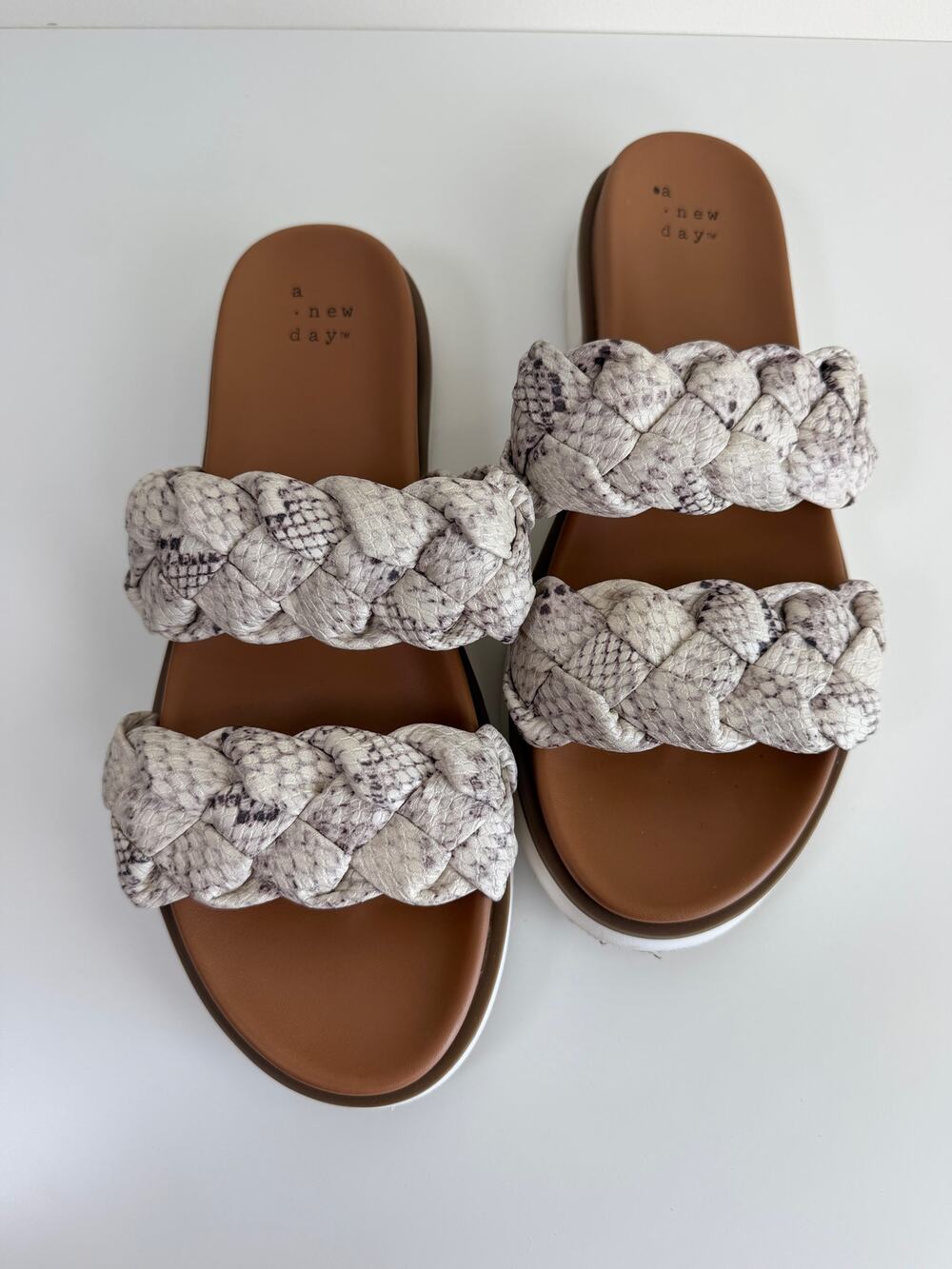 A New Day Braided Slide Sandals Snake Print Platform Beige Brown Women's Sz 9